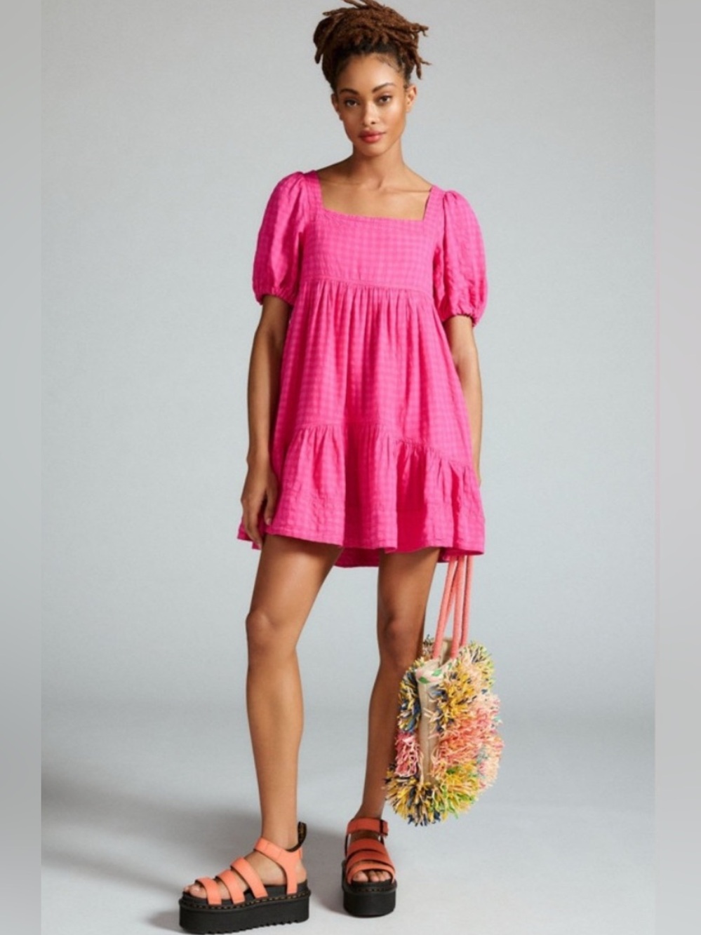 Pilcro Anthro Hot Pink Babydoll Square-Neck Dress Small Cottagecore Prarie